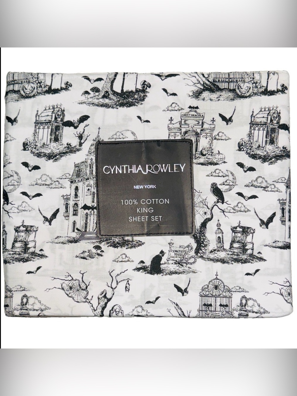 🖤 Cynthia Rowley KING Size Halloween Haunted Toile Black Goth Sheet Set Cemetery